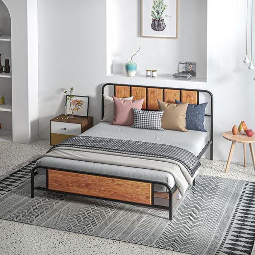 HOMCOM King Size Bed Frame Steel Bed Base with Headboard 160 x 207cm Brown - Filipino Grocery Store