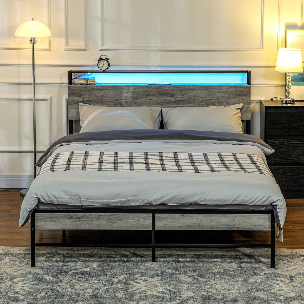 HOMCOM LED Double Bed Frame with Charging Station, 135 x 190cm, Cement Grey - Filipino Grocery Store