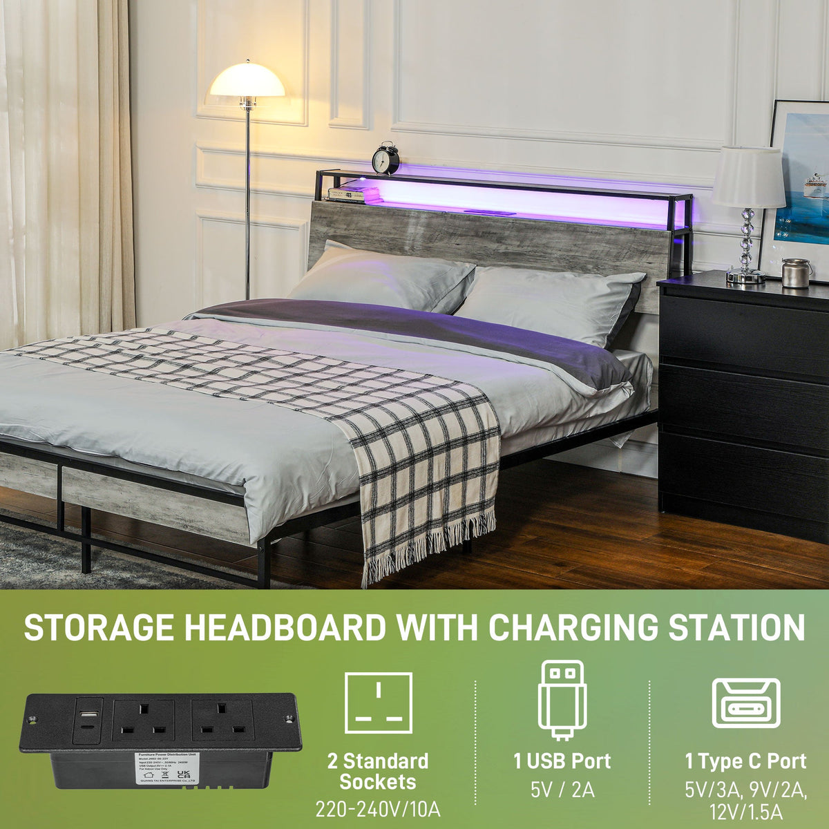 HOMCOM LED Double Bed Frame with Charging Station, 135 x 190cm, Cement Grey - Filipino Grocery Store