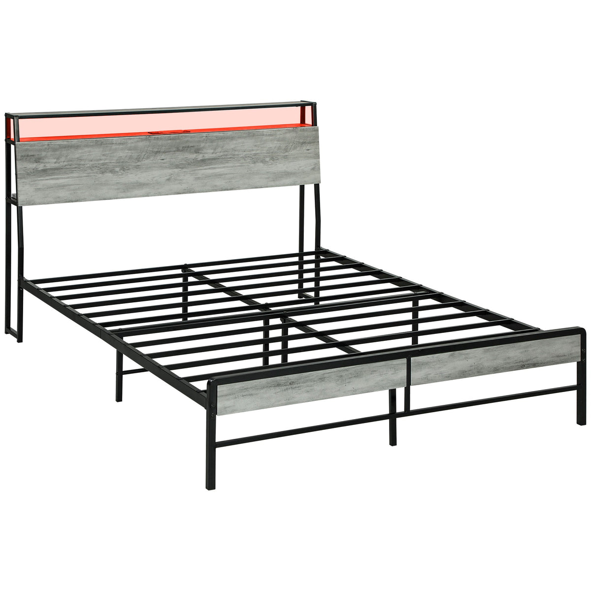 HOMCOM LED Double Bed Frame with Charging Station, 135 x 190cm, Cement Grey - Filipino Grocery Store