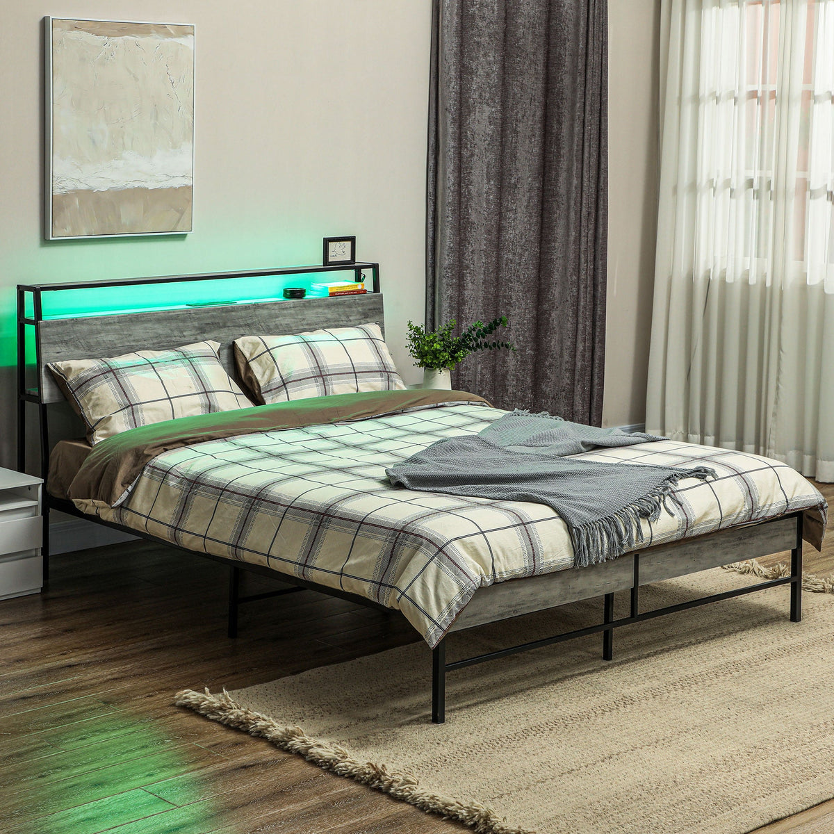 HOMCOM LED Double Bed Frame with Charging Station, 135 x 190cm, Cement Grey - Filipino Grocery Store