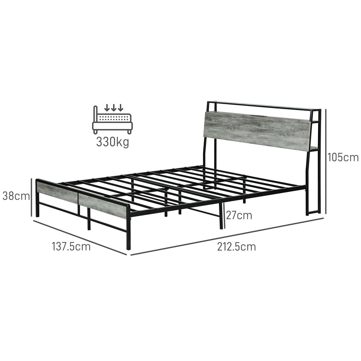 HOMCOM LED Double Bed Frame with Charging Station, 135 x 190cm, Cement Grey - Filipino Grocery Store