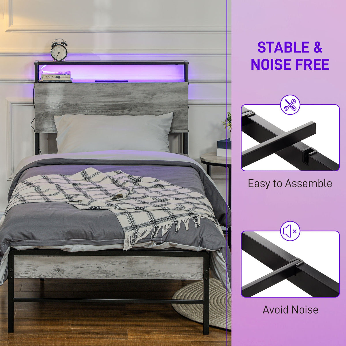 HOMCOM RGB LED Single Bed Frame with Charging Station & Storage Shelf - Filipino Grocery Store