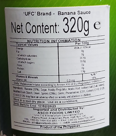 Banana Ketchup Regular 320g Nutritional value