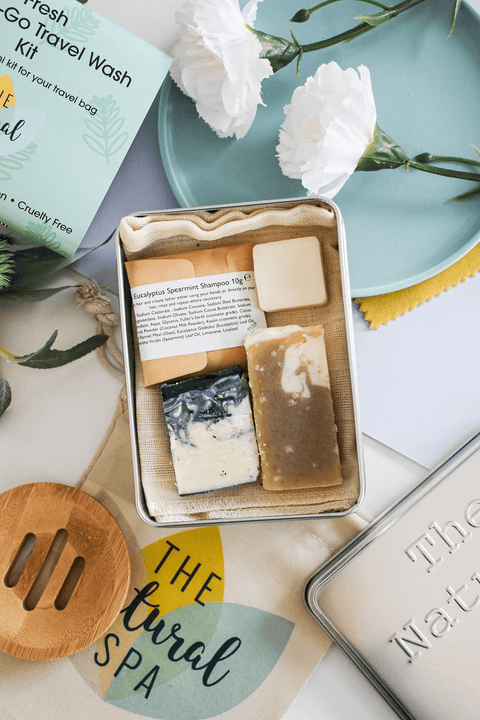 On The Go - Zero Waste Travel Kit, Vegan ,Low Waste, Stocking Filler.Shampoo Bar, Conditioner Bar , Travel Tin, Wash kit, Cold Process Soap - Filipino Grocery Store